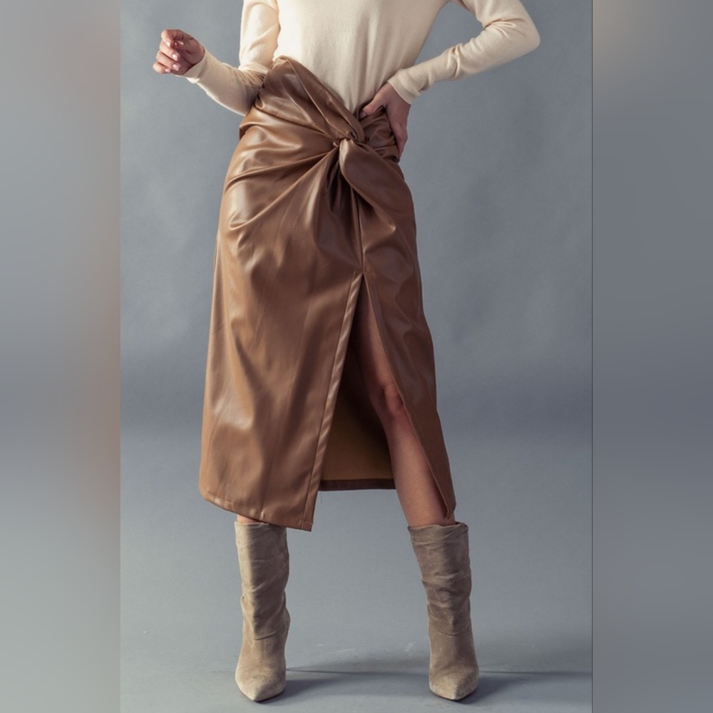 #18324 🛑S BOHO SEXY VEGAN LEATHER KNOTTED SIDE SLIT LONG SKIRT - Picture 3 of 7